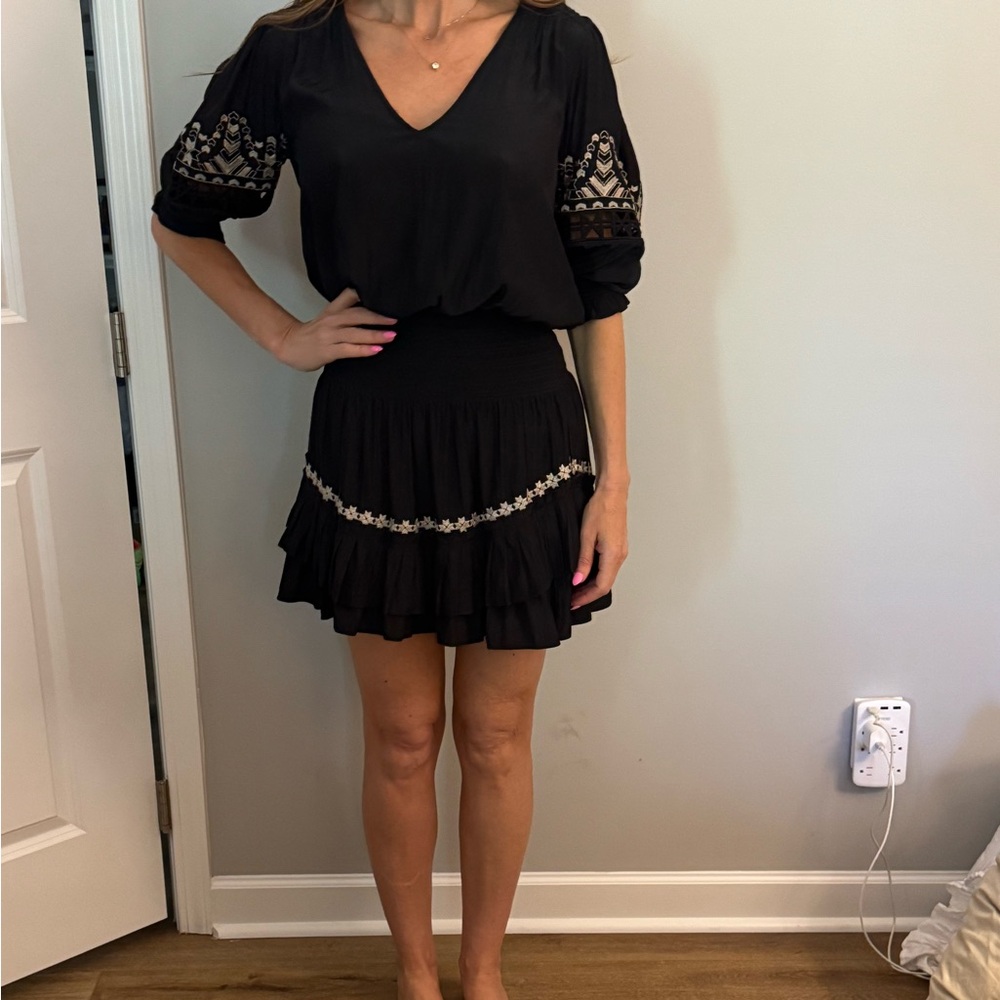 Ramy Brook Black Tiered Mini Skirt with Light Gold Embroidered Trim